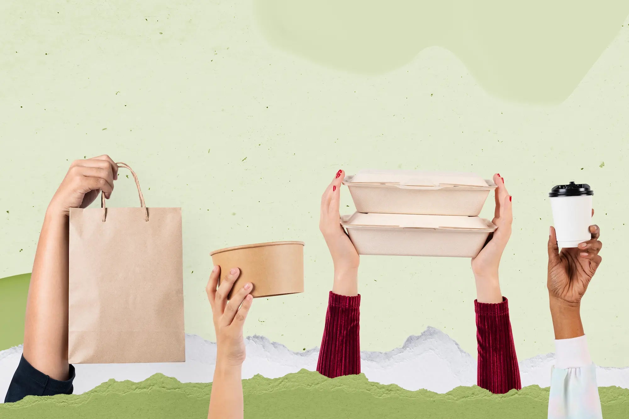Hands holding reusable items like a paper bag, coffee cup, and container against a green background
