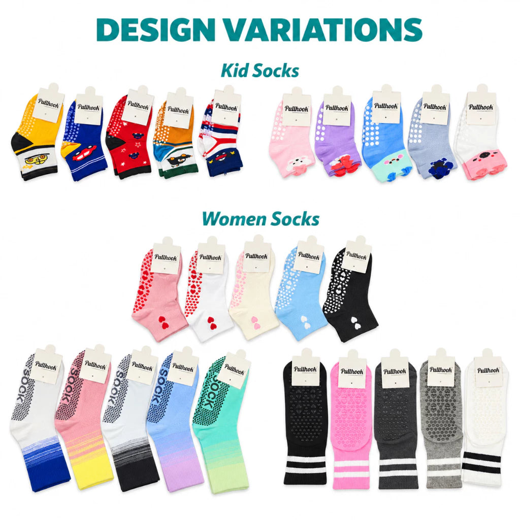 Adults & Kids Anti-Slip Cotton Socks - design variations of soft breathable socks for everyday wear, yoga, pilates and indoor activities. Available for bulk orders and wholesale Malaysia.