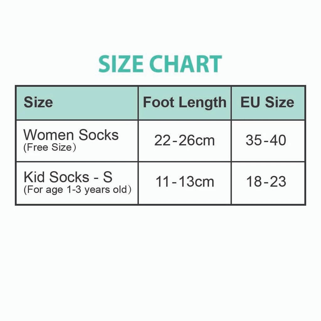 Adults & Kids Anti-Slip Cotton Socks - size details of soft breathable socks for everyday wear, yoga, pilates and indoor activities. Available for bulk orders and wholesale Malaysia.
