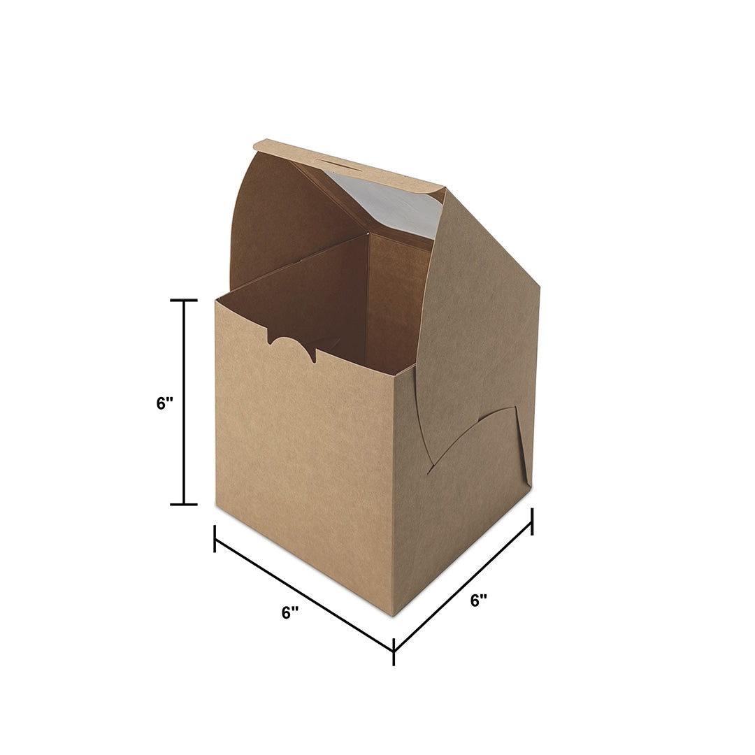 Brown Kraft Cake Box with Top Window BX11 (6×6×6") dimensions — bakery box wholesale