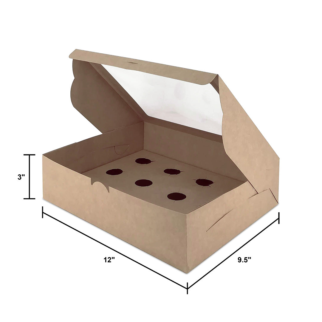 Brown Kraft Cupcake Box with Top Window BX10 and 12 cavity dimensions — bakery box wholesale Malaysia