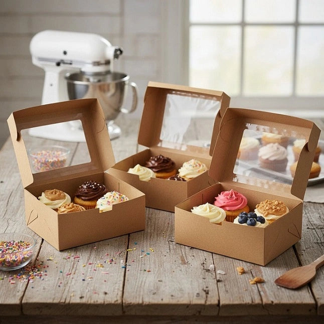 Brown Kraft Cupcake Box with Top Window — bakery takeaway box wholesale