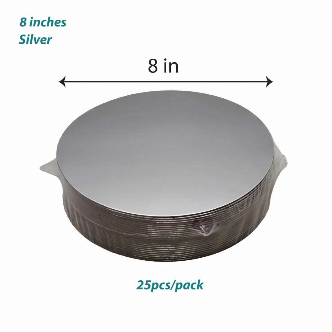 Silver Cake Board 20cm diameter suitable for 8 inch cakes, ideal for bakeries, home bakers and cake businesses, available for wholesale order Malaysia.