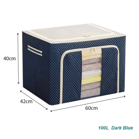 Dark blue 100L cloth organiser storage box with white polka dots and transparent window with dimensions for wholesale order Malaysia