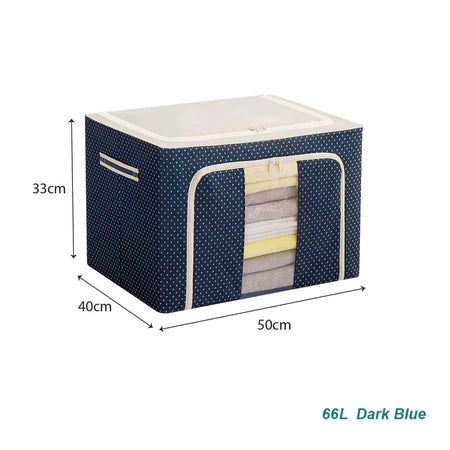 Dark blue 66L cloth organiser storage box with white polka dots and transparent window with dimensions for wholesale order Malaysia