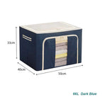 Dark blue 66L cloth organiser storage box with white polka dots and transparent window with dimensions for wholesale order Malaysia