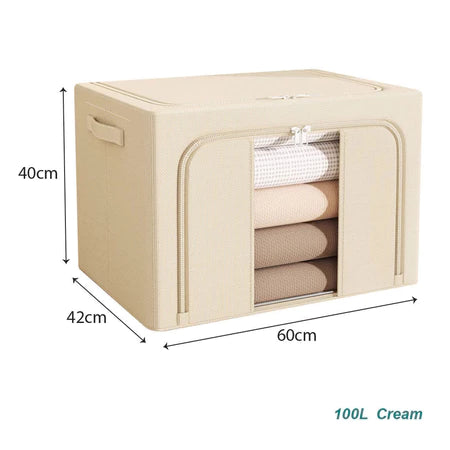Cream 100L cloth organiser storage box with white polka dots and transparent window with dimensions for wholesale order Malaysia