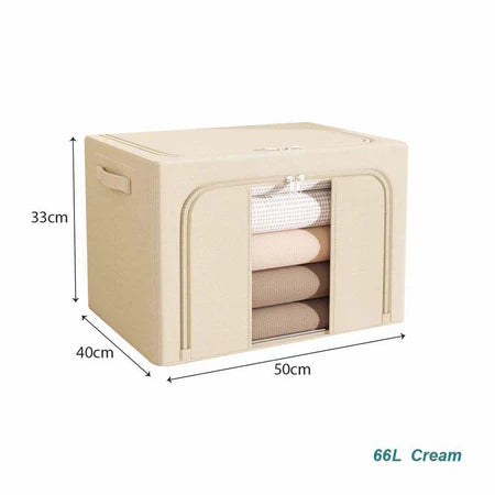 Cream 66L cloth organiser storage box with white polka dots and transparent window with dimensions for wholesale order Malaysia