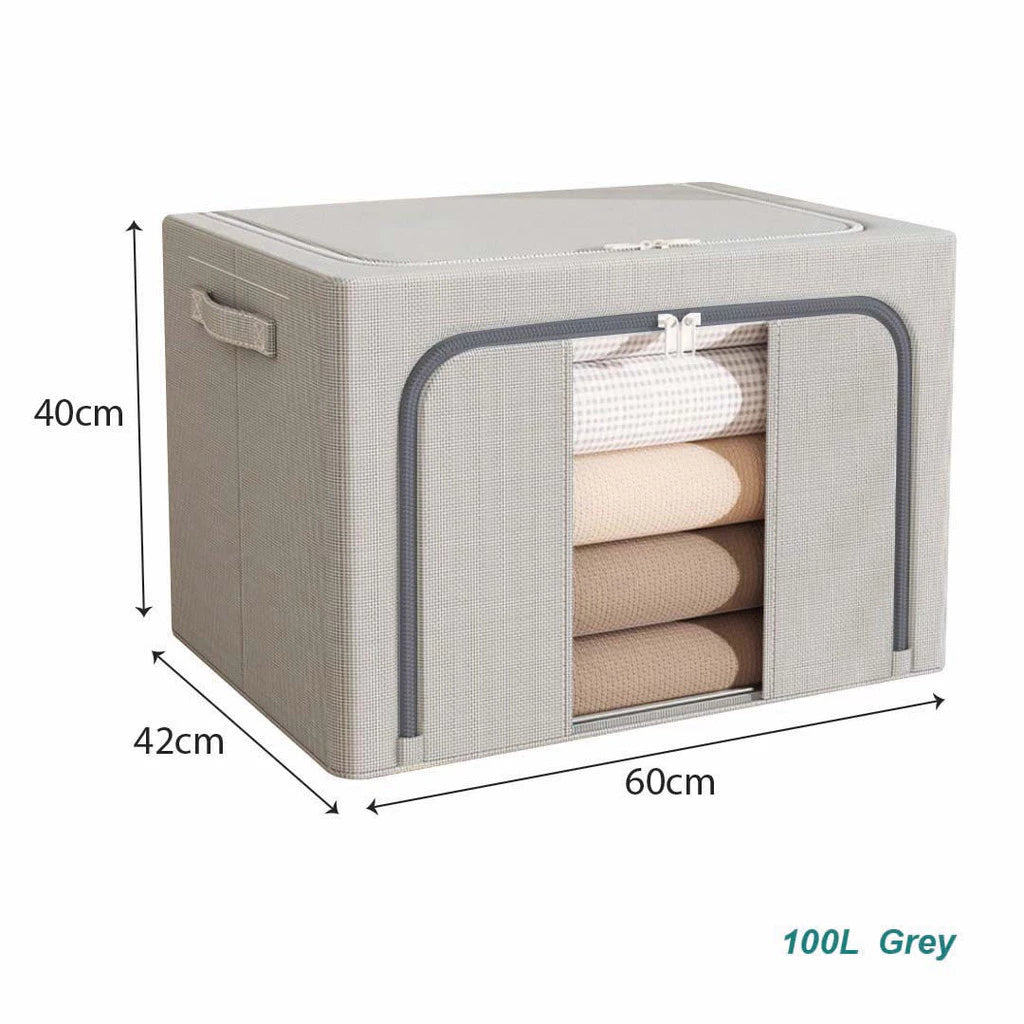 Grey 100L cloth organiser storage box with white polka dots and transparent window with dimensions for wholesale order Malaysia