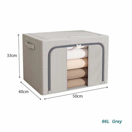 Grey 66L cloth organiser storage box with white polka dots and transparent window with dimensions for wholesale order Malaysia