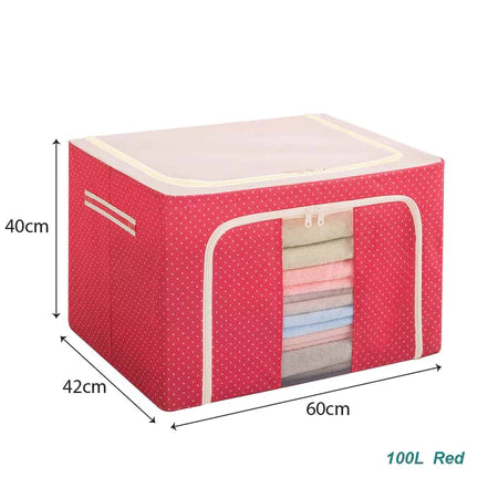 Red 100L cloth organiser storage box with white polka dots and transparent window with dimensions for wholesale order Malaysia