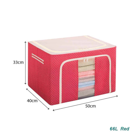 Red 66L cloth organiser storage box with white polka dots and transparent window with dimensions for wholesale order Malaysia