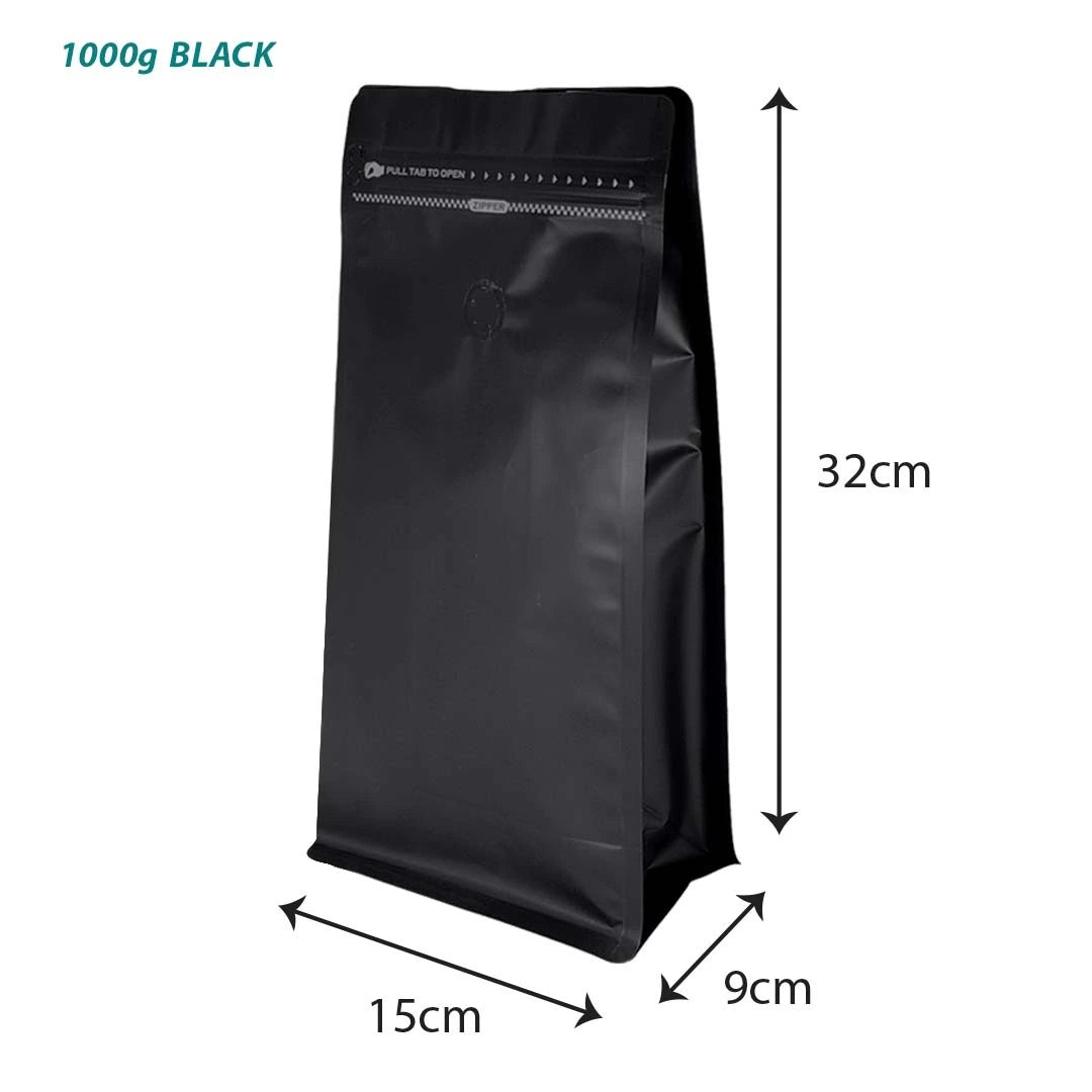 Coffee zip bag with valve 1000g in black - for professional coffee packaging suitable for coffee roasters, cafés and retailers available for bulk orders and wholesale in Malaysia