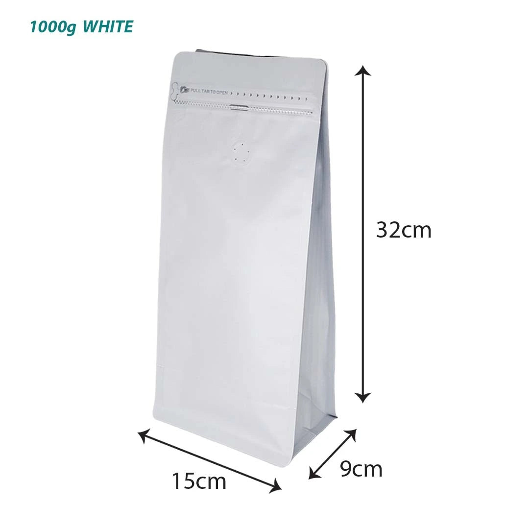 Coffee zip bag with valve 1000g in white - for professional coffee packaging suitable for coffee roasters, cafés and retailers available for bulk orders and wholesale in Malaysia