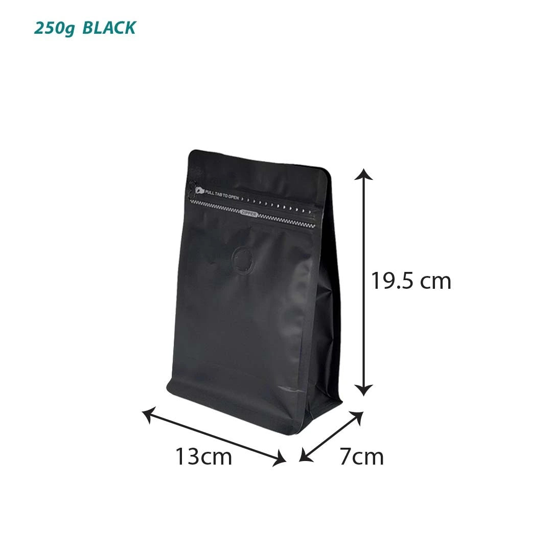Coffee zip bag with valve 250g in black - for professional coffee packaging suitable for coffee roasters, cafés and retailers available for bulk orders and wholesale in Malaysia
