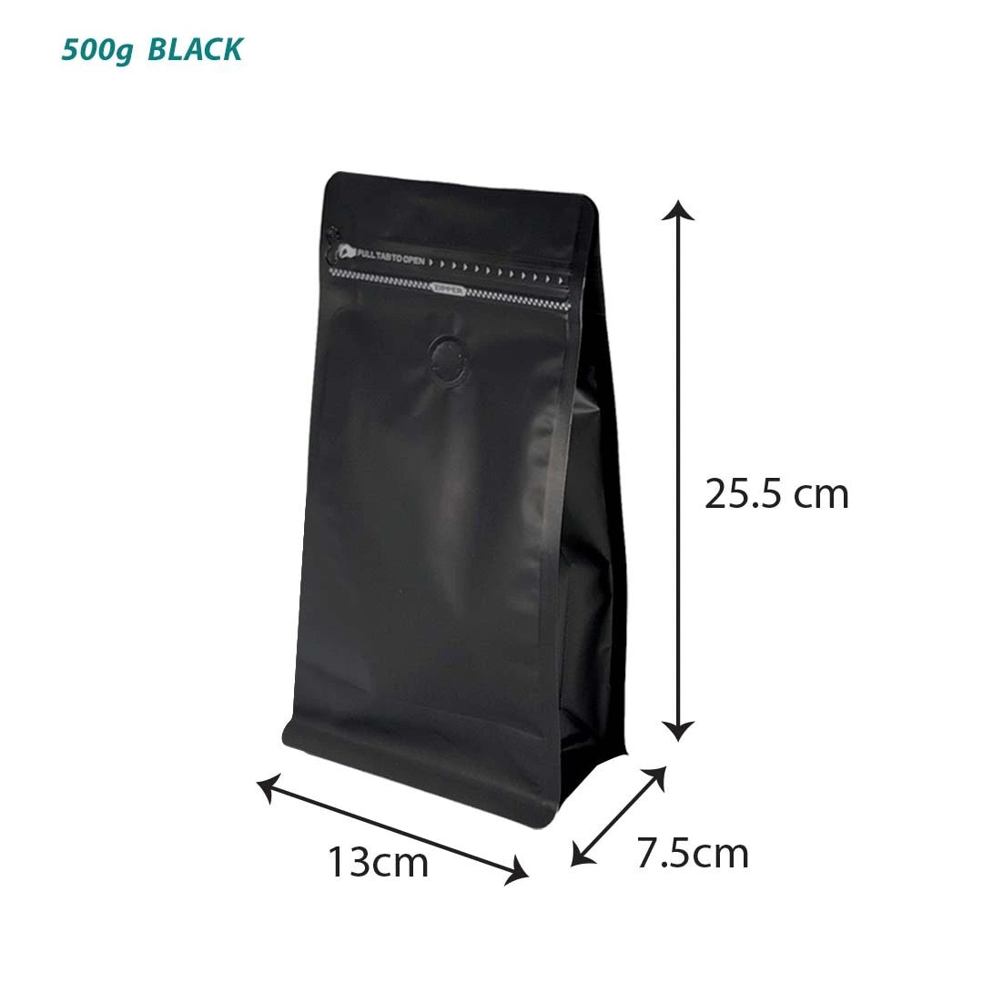 Coffee zip bag with valve 500g in black - for professional coffee packaging suitable for coffee roasters, cafés and retailers available for bulk orders and wholesale in Malaysia