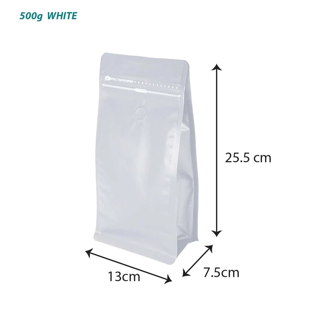 Coffee zip bag with valve 500g in white - for professional coffee packaging suitable for coffee roasters, cafés and retailers available for bulk orders and wholesale in Malaysia