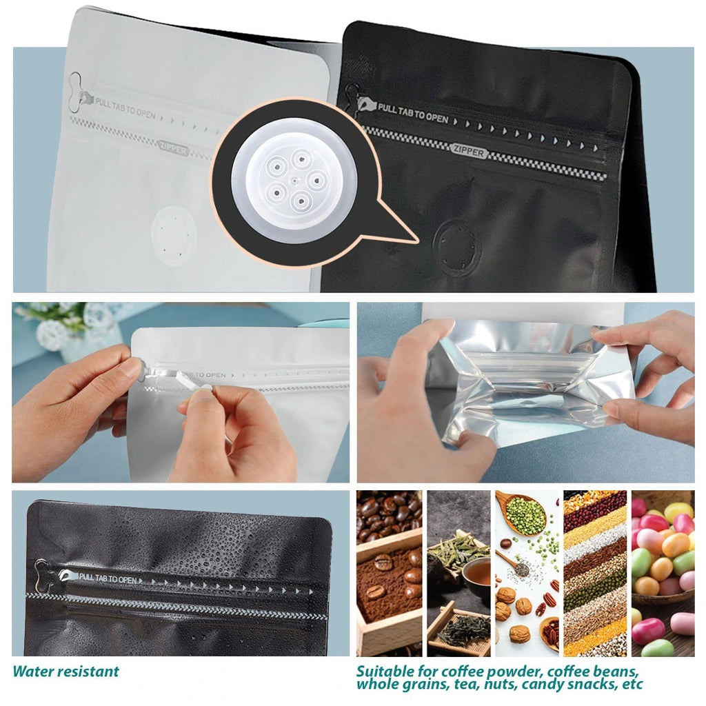 Coffee zip bag with valve with a close-up of the pull tab mechanism, hands demonstrating the seal, water resistance, and suitability for coffee, grains, tea, nuts, and candy snacks - available for bulk order Malaysia
