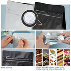 Coffee zip bag with valve with a close-up of the pull tab mechanism, hands demonstrating the seal, water resistance, and suitability for coffee, grains, tea, nuts, and candy snacks - available for bulk order Malaysia