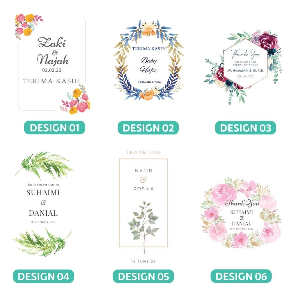 Customisable event bags with floral designs and text, featuring the option to 'Customise Your Name'. 