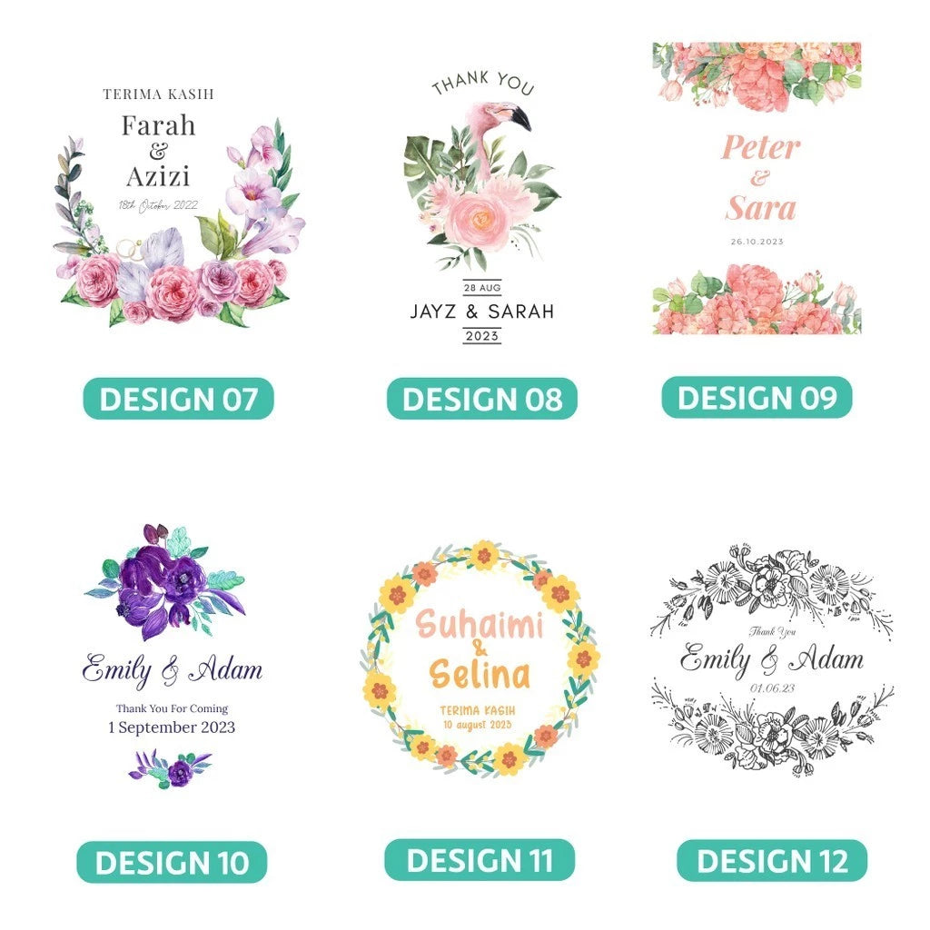 Customisable event bags with floral designs and text, featuring the option to 'Customise Your Name'. 