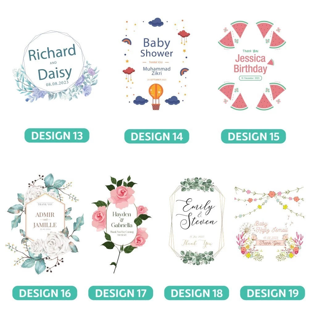 Customisable event bags with floral designs and text, featuring the option to 'Customise Your Name'. 