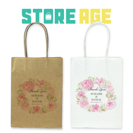 Customise Name Printing: For Events design D06 pink floral available brown and white kraft paper bag - wholesale branded packaging