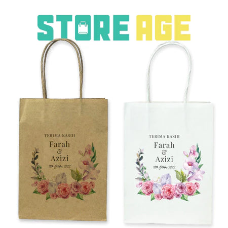 Customise Name Printing: For Events design D07 pink purple floral available brown and white kraft paper bag - wholesale branded packaging