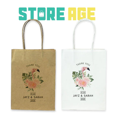 Customise Name Printing: For Events design D08 pink flamingo available brown and white kraft paper bag - wholesale branded packaging