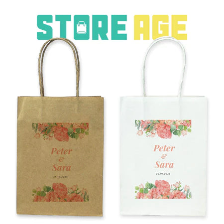 Customise Name Printing: For Events design D09 pink floral available brown and white kraft paper bag - wholesale branded packaging