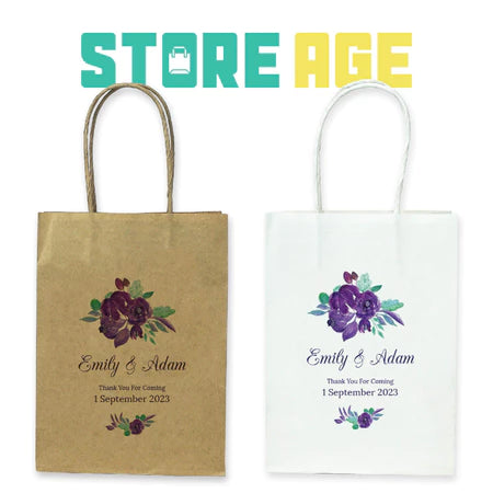 Customise Name Printing: For Events design D10 purple floral available brown and white kraft paper bag - wholesale branded packaging Malaysia
