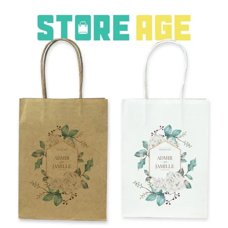 Customise Name Printing: For Events design D16 green floral available brown and white kraft paper bag - wholesale branded packaging Malaysia