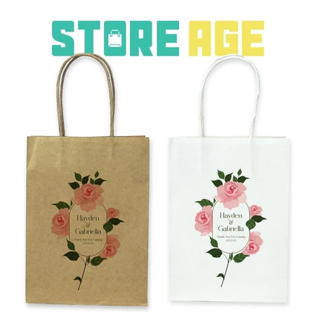 Customise Name Printing: For Events design D17 pink floral available brown and white kraft paper bag - wholesale branded packaging Malaysia