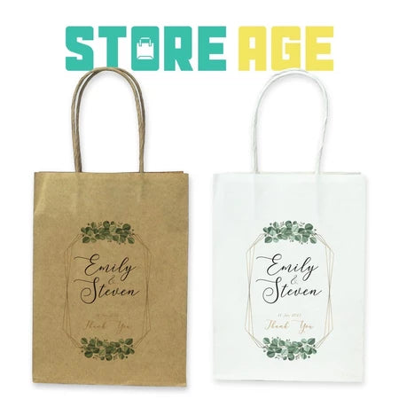 Customise Name Printing: For Events design D18 green floral available brown and white kraft paper bag - wholesale branded packaging Malaysia