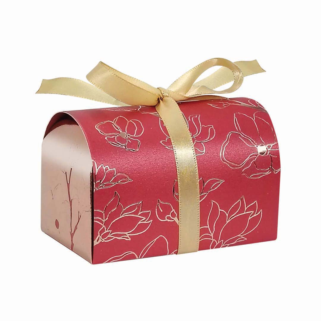 Cylinder Candy Gift Box with gold floral design 005RD01 (red) - wedding favor / sweet box
