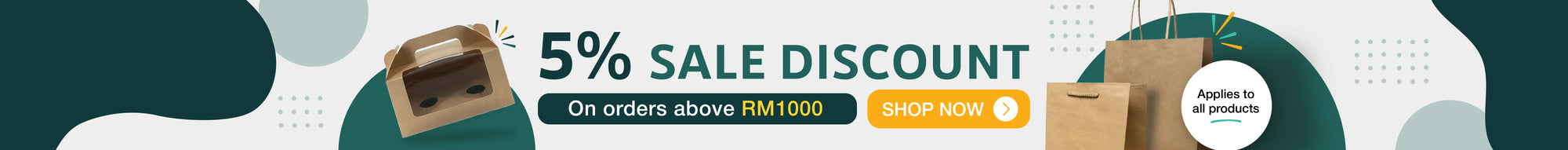 Promotional banner with 5% sale discount offer on orders over RM100, featuring cardboard boxes and a handbag.