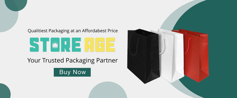 Promotional banner for Store Age packaging with black, white, and red bags on a light gray background.