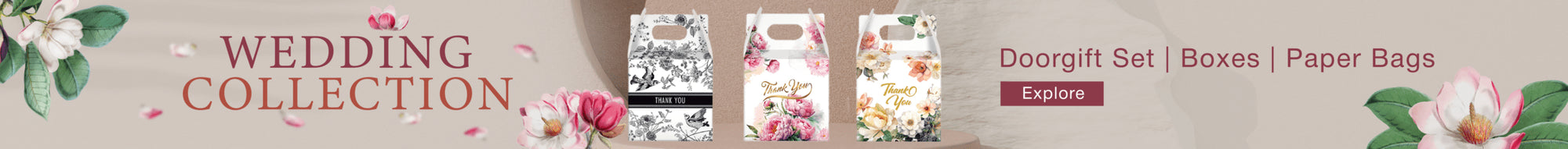 Promotional banner for a wedding collection with floral designs and product categories.