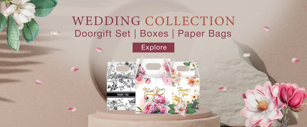 Wedding collection packaging including Dooorgift Set, Boxes and Paper Bags at Wholesale Price in Malaysia