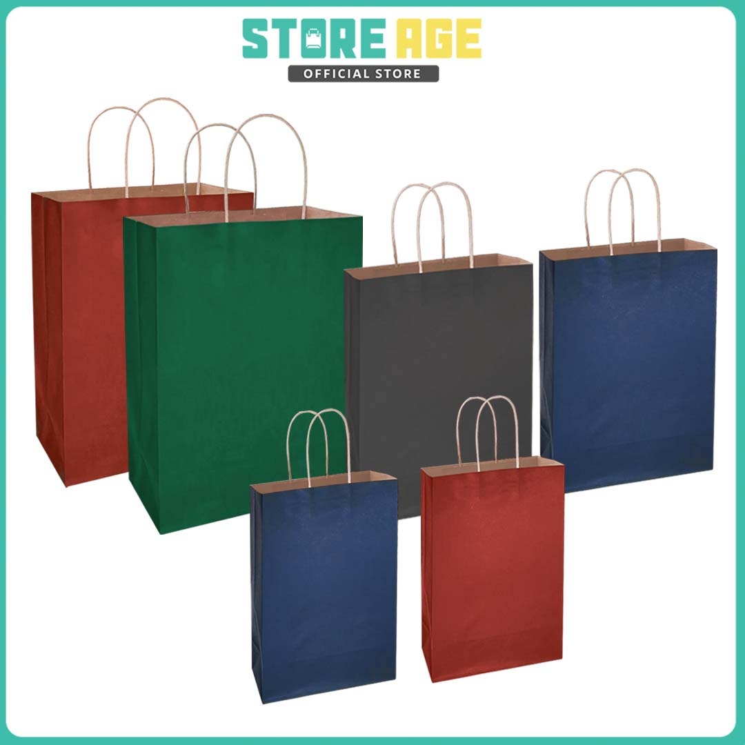 Color kraft paper bags in blue, black, green and red — multiple sizes, twisted handles, wholesale Malaysia