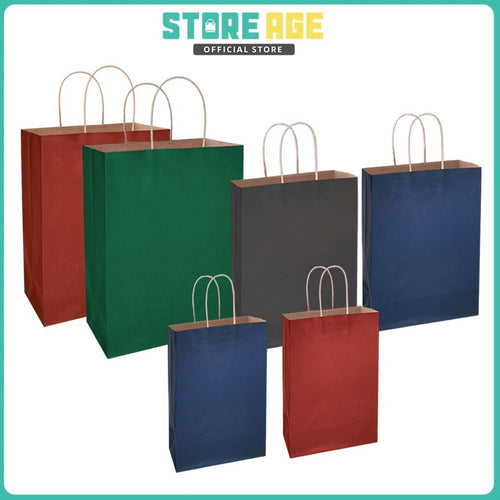 Color kraft paper bags in blue, black, green and red — multiple sizes, twisted handles, wholesale Malaysia