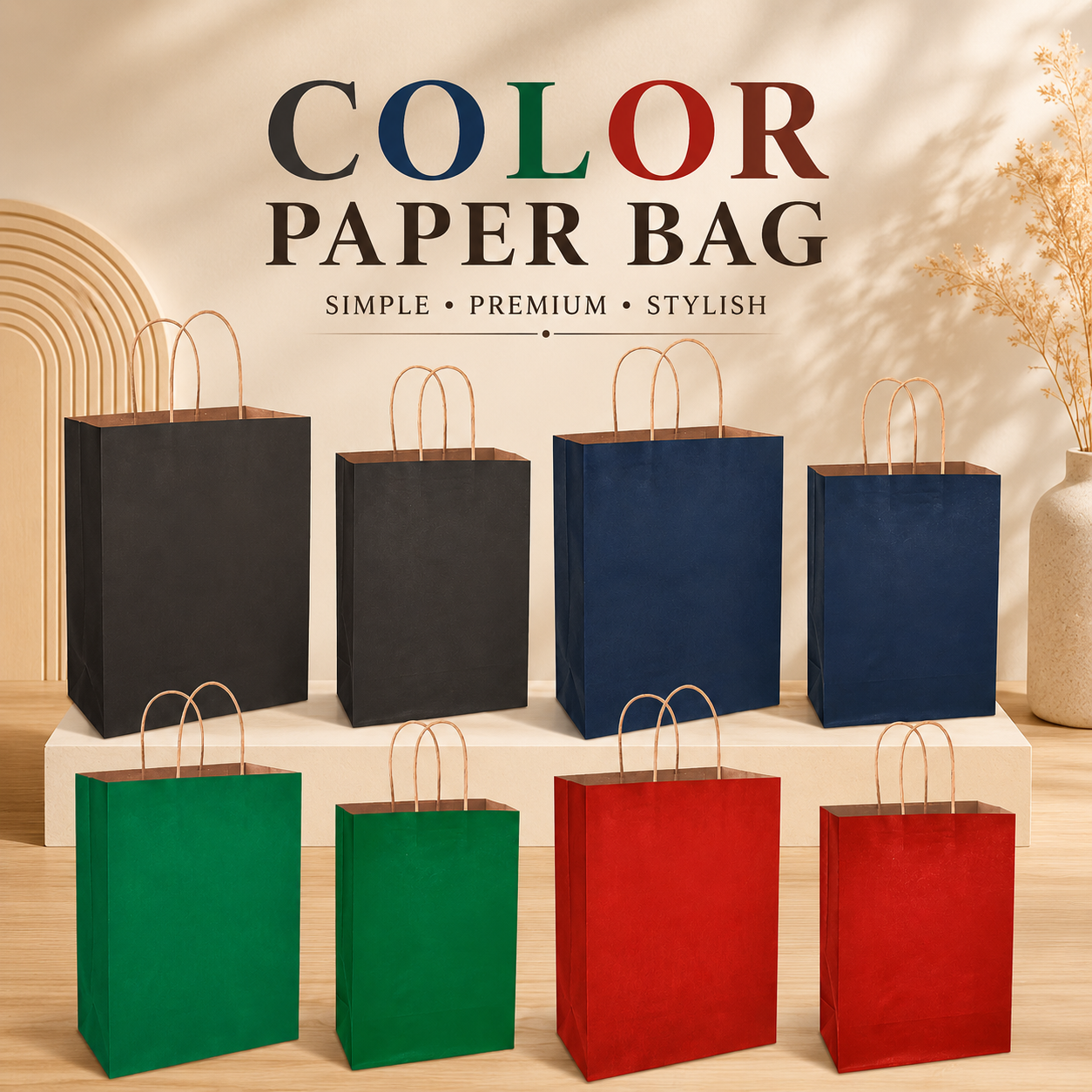 Color kraft paper bags in blue, black, green and red — multiple sizes, twisted handles, wholesale Malaysia