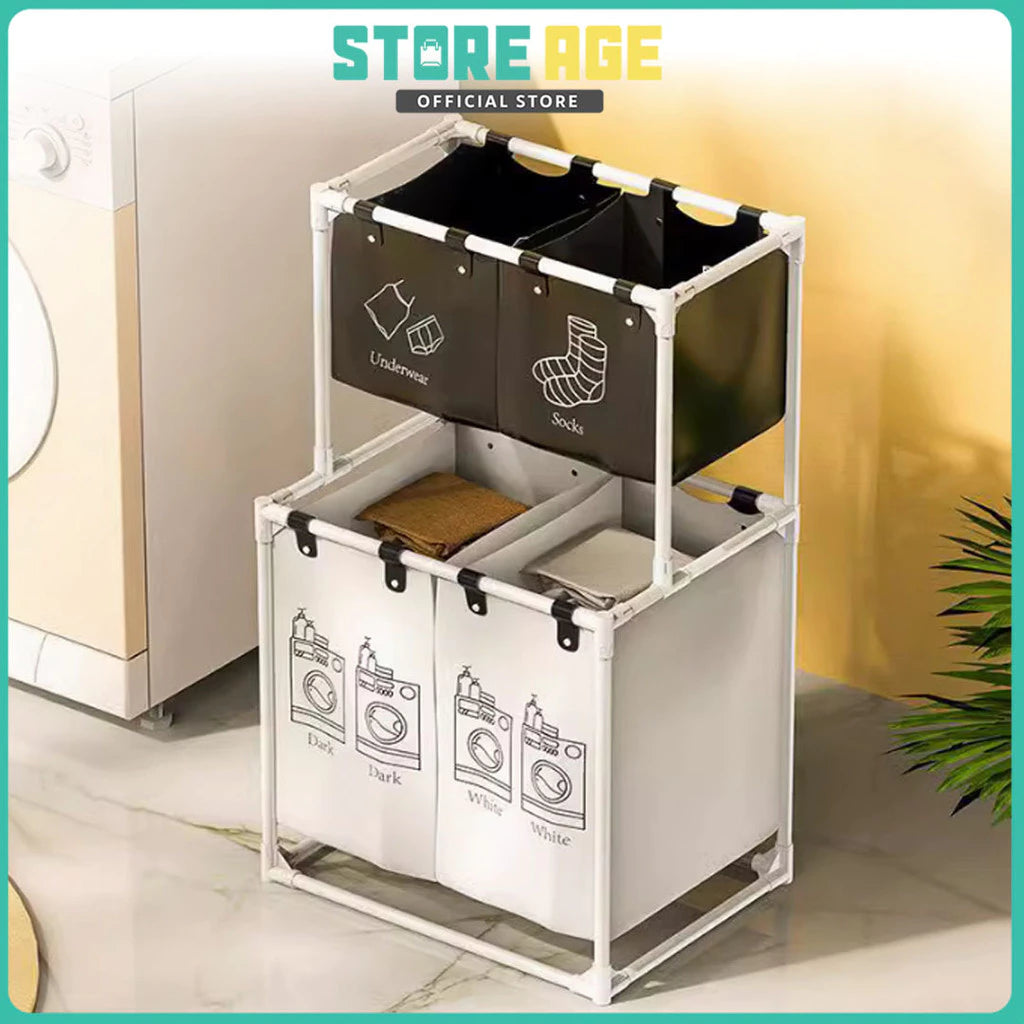 Laundry basket with 4 compartments labeled for different types of clothes, placed in a laundry room & home organiser - wholesale Malaysia