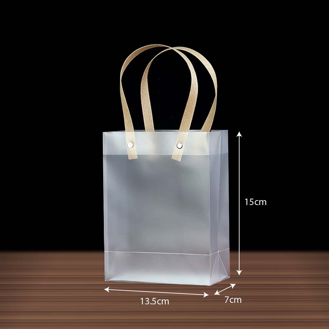 PP Tote Brown Handle Transparent Bag BR02 size 13.5 x 7 x 15 cm - reusable shopping and gift bag