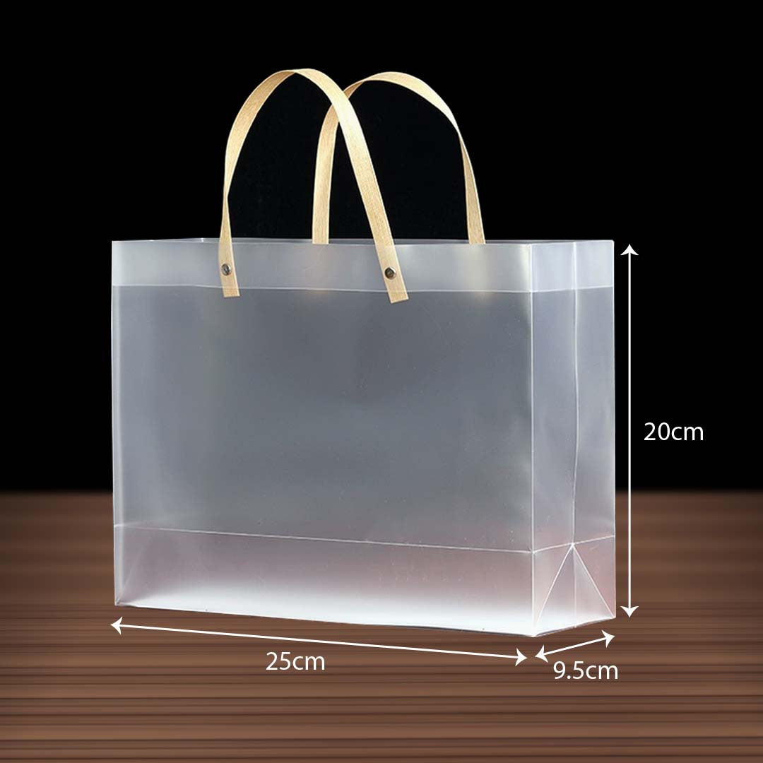 PP Tote Brown Handle Transparent Bag BR04 size 25 x 9.5 x 20 cm - reusable shopping and gift bag
