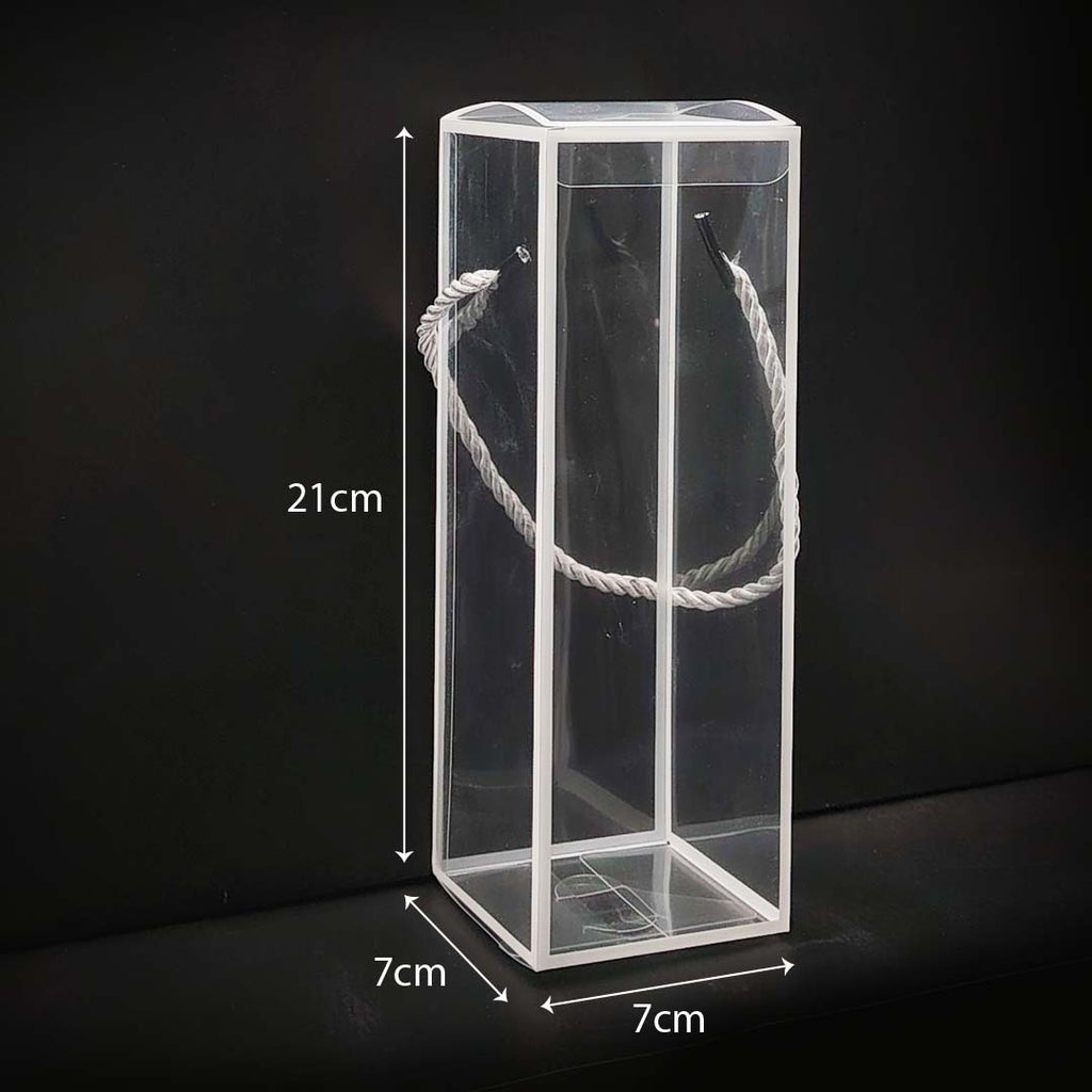Transparent Bottle Box with 7cm x 7cm x 21cm in black background 