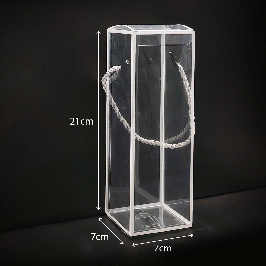 Transparent Bottle Box with 7cm x 7cm x 21cm in black background 