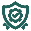 Green icon of a shield with a gear and check mark inside, symbolizing security or protection.